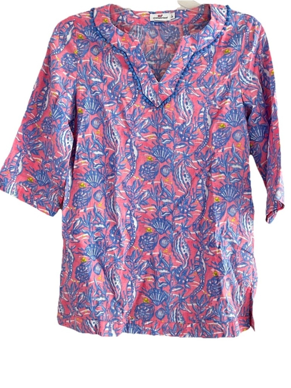 Vineyard Vines Under The Sea Linen Tunic Youth Size L 14 Pink Sea Shell Pullover